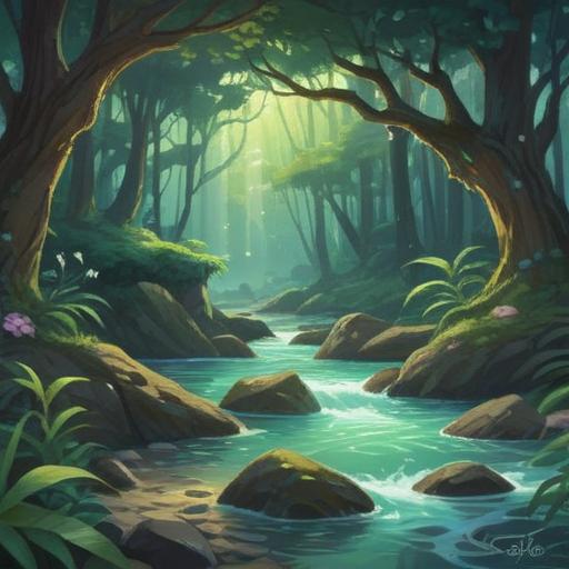 A serene composition featuring a lucky stone symbolizing fidelity, surrounded by gentle light, lush green leaves, a calming water stream in the background, a tranquil space evoking feelings of trust and commitment, soft reflections on the stone surface, harmonious color palette, 4k