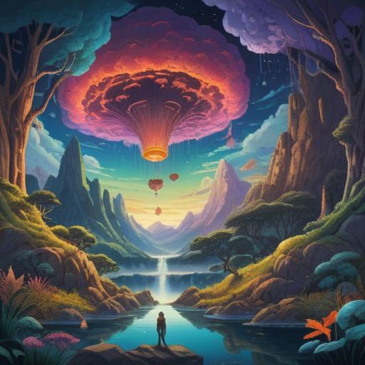 A dream interpretation illustration, depicting a person in a vivid dream, floating in a surreal landscape, symbolic imagery of fidelity and betrayal, ethereal light and wisps surrounding the figure, representing subconscious thoughts and emotions, dreamlike atmosphere, intricate details suggesting spirituality, 4k