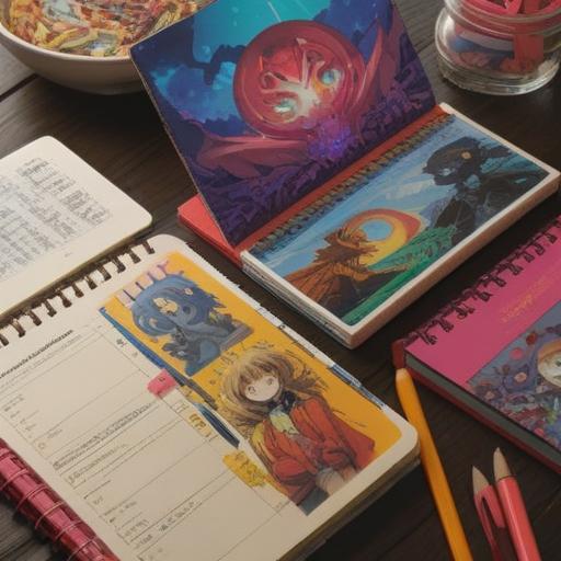 A collection of diverse items arranged neatly on a table, colorful notebooks, pens and pencils, a laptop displaying graphs and charts, a coffee cup, warm sunlight streaming through a window, an organized workspace, feel of productivity and creativity, 4k