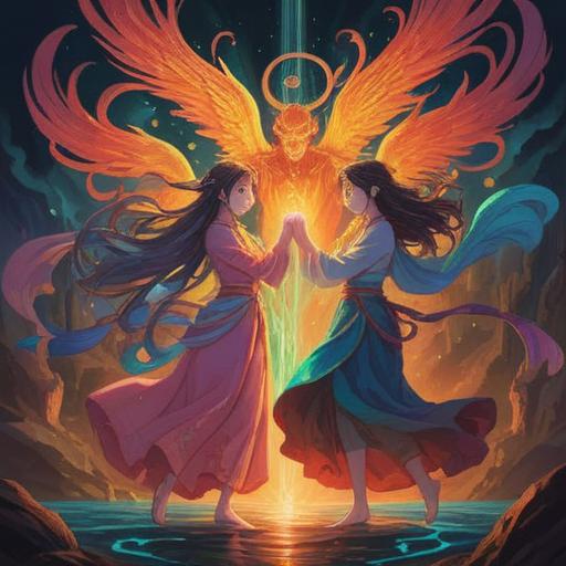 A mystical representation of infidelity's spiritual meaning, ethereal figures entwined in a symbolic dance, contrasting light and shadow, a backdrop of swirling galaxies, deep emotional expressions, vibrant energy fields, spiritual awakening, intricate patterns, artistic interpretation, 4k