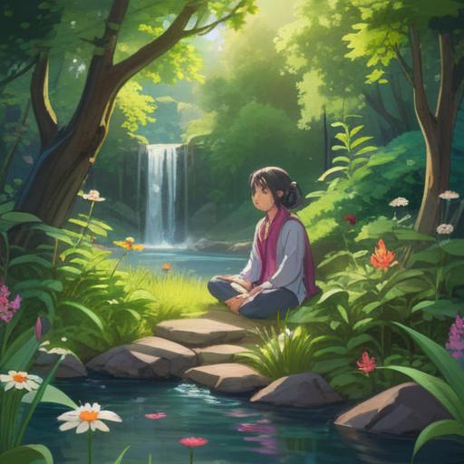 A serene and calming scene depicting a person meditating in a peaceful garden, surrounded by soft greenery and blooming flowers, a gentle stream flowing nearby, sunlight filtering through the leaves, expressions of tranquility and introspection, vibrant yet soothing colors, 4k