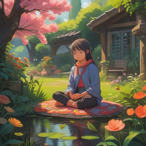 A serene and reflective scene, a person meditating in a peaceful garden, surrounded by blooming flowers and gentle sunlight, symbols of forgiveness and healing, a soft aura emanating from the individual, ethereal atmosphere, balance between heart and mind, 4k