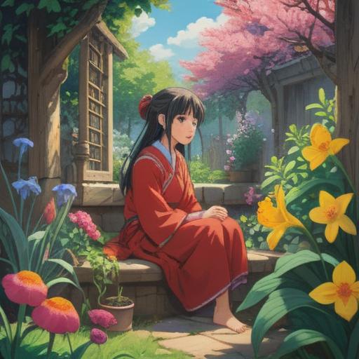A serene and contemplative scene depicting a person sitting in a peaceful garden, surrounded by blooming flowers and gentle sunlight, showing faces of understanding and forgiveness, symbols of spiritual growth like butterflies and doves in the background, a path leading towards harmony and enlightenment, 4k