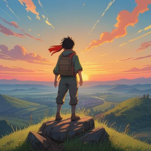A serene landscape representing a fresh start, a person standing on a hilltop gazing at a rising sun, symbolizing hope and new beginnings, gentle breeze rustling the grass, vibrant sky with warm hues, reflective mood, subtle determination in posture, nature surrounding the figure, 4k
