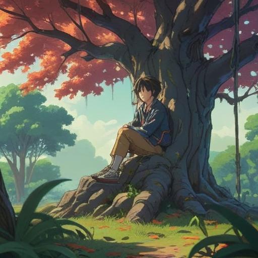 A serene and introspective scene, a person sitting under a large tree, deep in thought, soft light filtering through leaves, symbolic representations of broken hearts around, ethereal atmosphere, spiritual growth and healing imagery, nature as a source of comfort, 4k