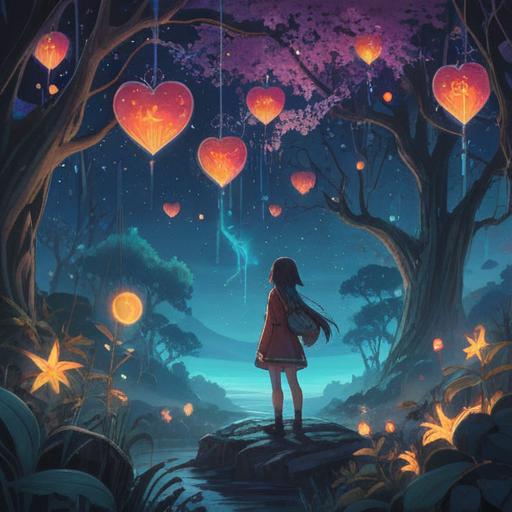 A serene illustration depicting a person looking contemplative under a starlit sky, surrounded by ethereal symbols of love and growth, gentle light emanating from within, representing transformation and healing, lush nature in the background, warm and uplifting atmosphere, 4k