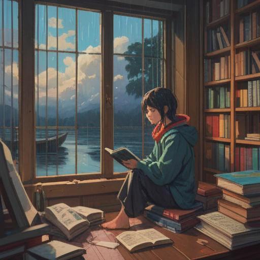 A serene contemplative scene, a person sitting by a window with rainy reflections, surrounded by self-help books and a journal, gentle light illuminating the room, a sense of calm and introspection, emotional healing, cozy atmosphere, personal growth, 4k