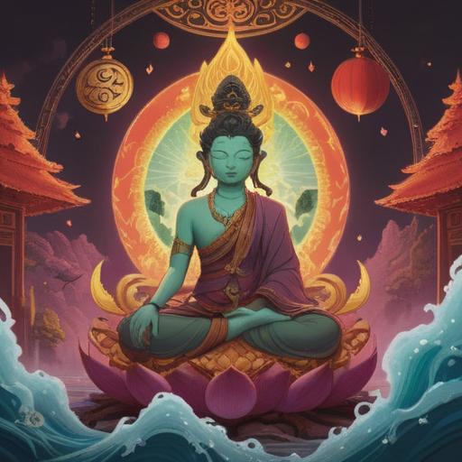 A serene depiction of Fugen Bodhisattva, showcasing the spiritual significance of wisdom and compassion, surrounded by ethereal light, traditional Japanese Buddhist elements, lush greenery, gentle flowing water, peaceful expression, celestial atmosphere, intricate details, visually harmonious composition, 4k