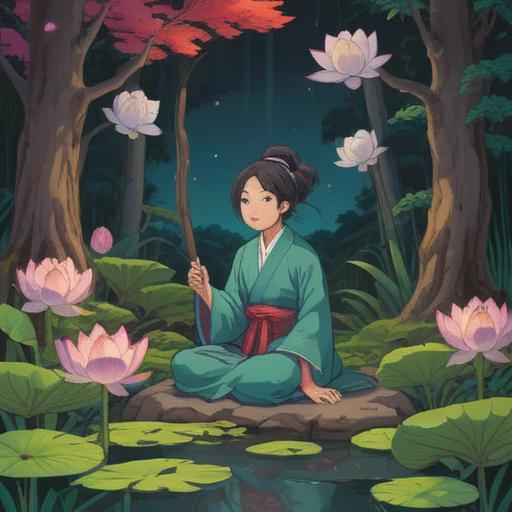A serene and spiritual illustration of Fugen Bosatsu, surrounded by lush greenery and blooming lotus flowers, radiating a calming aura, intricate details in the attire and symbolism, ethereal light illuminating the scene, peaceful atmosphere, conveying wisdom and guidance, 4k