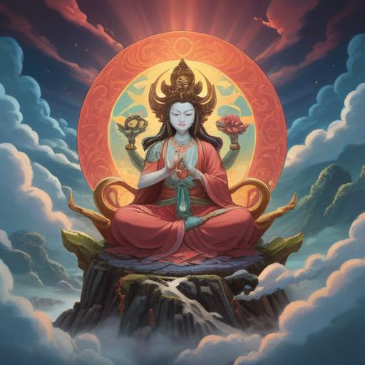 A serene and mystical scene depicting Fugen Bodhisattva surrounded by soft, flowing clouds, gentle light illuminating the figure, symbols of spiritual awareness and guidance present in the background, subtle hints of nature and tranquility, vibrant colors that evoke a sense of peace, ethereal presence, harmonious atmosphere, 4k