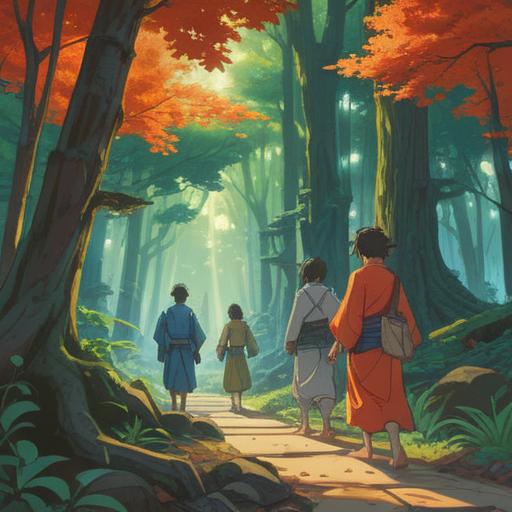 A serene landscape featuring Fugen Bosatsu guiding a group of followers, lush greenery symbolizing tranquility, soft rays of sunlight filtering through the trees, expressions of peace and gratitude on the followers' faces, gentle flowing river in the background, harmonious atmosphere, intricate details in the clothing of the followers representing traditional Buddhist art, 4k