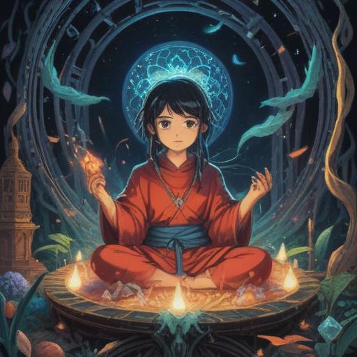 A mystical illustration depicting a person surrounded by an aura of light, with symbols of spiritual growth, such as crystals and incense, emphasizing transformation, a serene environment, soft shadows, elements of luck like four-leaf clovers and horseshoes, a calm and empowering atmosphere, intricate details in the background, 4k