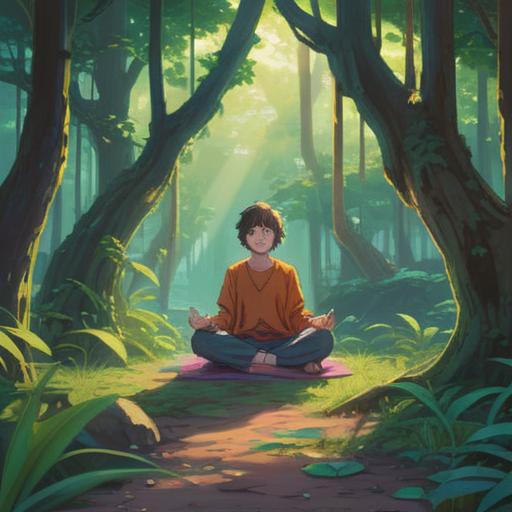 A serene and uplifting scene depicting a person meditating in a tranquil natural setting, soft sunlight filtering through lush trees, surrounded by vibrant flowers, ethereal energy emanating around them, symbols of growth and renewal, a gentle breeze flowing through the air, calming water sounds in the background, a sense of inner peace and confidence, 4k