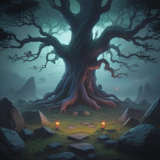 A mysterious and eerie atmosphere, dark shadows enveloping ancient trees, unsettling symbols etched into stones, an ominous mist creeping through a forgotten graveyard, spectral figures lurking in the background, a sense of foreboding and caution, subtle hints of spiritual presence, intricate details in the environment, twilight lighting, 4k