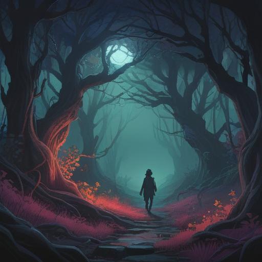 A dark, surreal landscape depicting a person trapped in a nightmarish scene, ominous shadows looming overhead, twisted trees and fog creeping in, ethereal spirits whispering in the background, vivid yet unsettling imagery, a sense of anxiety and foreboding, symbols of fear and spirituality intertwined, high detail, atmospheric lighting