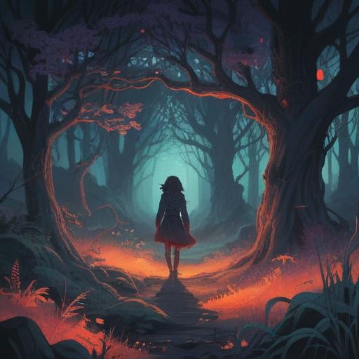 A surreal illustration of a dark dreamscape, eerie shadows, symbolic spiritual elements, vibrant contrasting colors, a figure navigating through haunting imagery, positive energy breaking through darkness, ethereal glow, dream interpretation themes, 4k