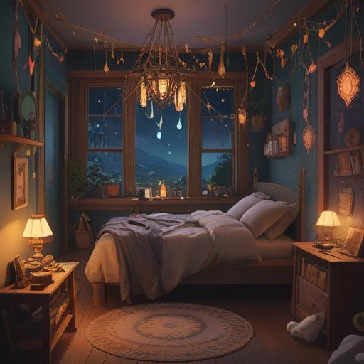 A cozy bedroom at night, soft glowing lights, a young person holding a lucky charm, calming aura, dreamcatcher hanging above the bed, peaceful expression, contrasting dark shadows symbolizing nightmares, whimsical illustrations of good dreams on the walls, inviting and warm atmosphere, 4k