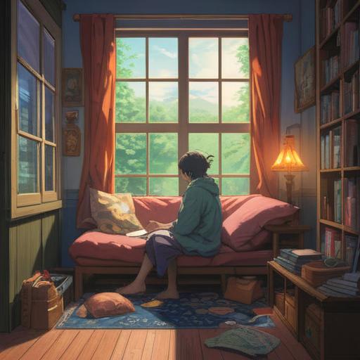 A serene illustration of a person preparing to discard an old futon, soft light filtering through a window, ethereal atmosphere, symbolic representation of spiritual cleansing, vibrant colors, tranquil expression on the person's face, subtle hints of nature outside, sense of renewal and liberation, 4k