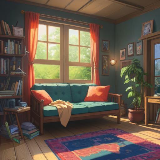 A person joyfully tossing away an old futon, sunlight streaming through the window, bright and airy room, sense of relief and liberation, scattered pillows, smiling face, minimalistic decor, optimistic mood, 4k