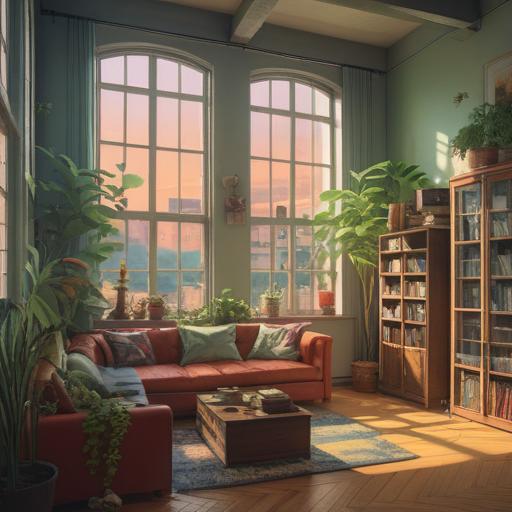 A serene living space, organized environment, soft natural light streaming through windows, vibrant plants adding freshness, minimalist decor promoting calmness, soothing color palette, a cozy reading nook, harmonious arrangement of items, atmosphere of tranquility, inviting and peaceful ambiance, 4k