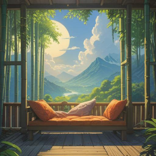 A serene and tranquil scene, sunlight filtering through a clear sky, a futon hanging on a bamboo pole, representing renewal and purification, gentle breeze rustling the fabric, surrounded by lush greenery, peaceful meditation, harmony with nature, spiritual significance of cleansing, vibrant colors, inviting atmosphere, 4k
