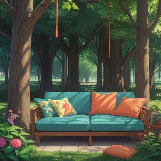 A serene outdoor scene, sunlight filtering through trees, a neatly hung futon fluttering in the breeze, vibrant garden flowers surrounding it, a sense of tranquility and positive energy, ethereal glow suggesting spiritual benefits, harmonious connection with nature, 4k