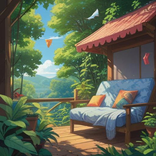 A serene outdoor scene depicting a person hanging a futon under a clear blue sky, soft sunlight filtering through the leaves, vibrant colors, gentle breeze causing the futon to sway slightly, subtle ethereal glow around the futon symbolizing spiritual energies, a peaceful garden setting in the background, hints of nature such as flowers and trees, calming atmosphere, 4k