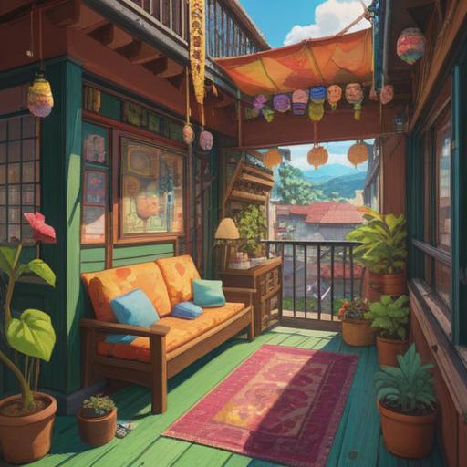 A vibrant scene depicting fresh futons hanging out on a sunny balcony, surrounded by colorful lucky charms like maneki-neko and vibrant plants, a clear blue sky enhancing the atmosphere, a sense of positivity and good fortune, detailed textures on the futons, cheerful and uplifting vibe, 4k