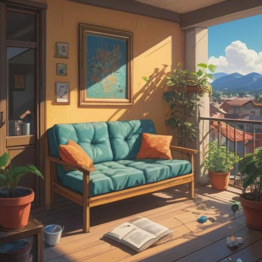 A serene outdoor scene, freshly sun-dried futon laid out on a balcony, bright sunlight casting gentle shadows, a clear blue sky in the background, a calm and peaceful atmosphere, soft breeze rustling the fabric, a person meditating nearby, surrounded by greenery, tranquil and rejuvenating energy, mindful relaxation, harmony with nature, 4k