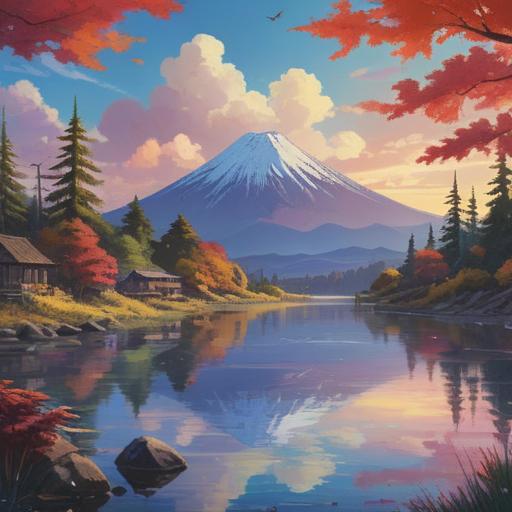 A serene landscape featuring Mount Fuji, mystical aura, ethereal clouds surrounding the peak, vibrant colors reflecting in a calm lake, spiritual beings emerging from the mist, tranquil atmosphere, nature's harmony, connection to the universe, enchanting scenery, 4k
