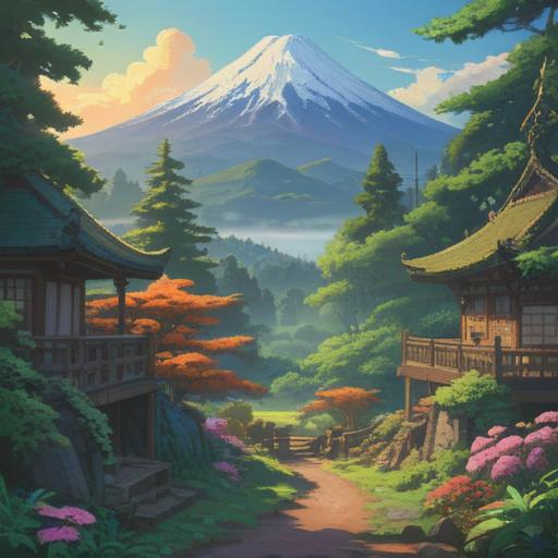 A serene landscape featuring Mount Fuji, surrounded by lush greenery, gentle mist enveloping the peak, soft sunlight illuminating the scene, a tranquil lake reflecting the mountain's silhouette, symbols of good fortune and spirituality in the foreground, presence of cherry blossoms, harmonious atmosphere, 4k
