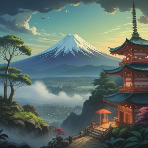 A serene landscape featuring Mount Fuji, ethereal mist surrounding the peak, spiritual symbols subtly integrated in the foreground, lush green nature, tranquil atmosphere, soft light illuminating the scene, mountains reflecting in a calm lake, a sense of divine calling, 4k