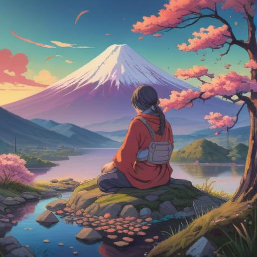 A serene landscape featuring Mount Fuji, a person meditating in front of the mountain, surrounded by lucky charms such as colorful omamori and traditional Japanese talismans, soft sunlight illuminating the scene, a gentle breeze flowing through cherry blossom trees, a sense of peace and spirituality, vibrant colors reflecting the essence of good fortune, 4k