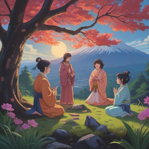 A serene and mystical illustration depicting a spiritual ritual at Mount Fuji, participants in traditional clothing, meditative poses, surrounded by nature, cherry blossoms gently falling, the mountain majestically rising in the background, incense smoke curling in the air, tranquil atmosphere, vibrant colors, soft light filtering through the trees, deep sense of connection, harmony, and enlightenment, 4k