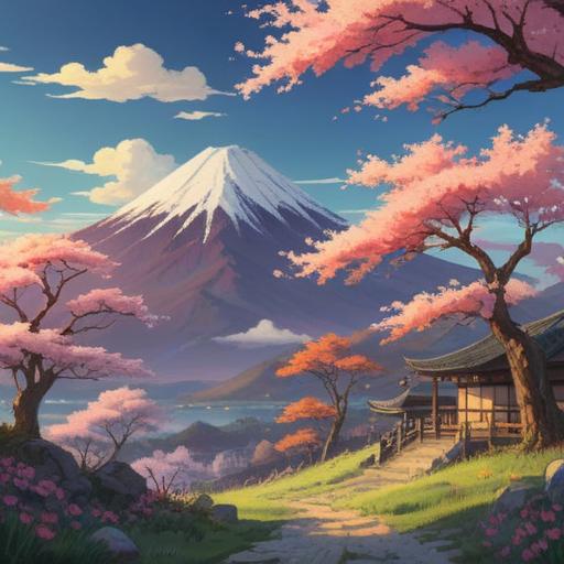 A serene landscape featuring Mount Fuji, surrounded by gentle clouds, a rising sun in the background symbolizing new beginnings, vibrant cherry blossoms in the foreground representing beauty and renewal, a peaceful lake reflecting the majestic mountain, soft light illuminating the scene, symbols of spirituality such as a small shrine or torii gate, harmonious and tranquil atmosphere, 4k
