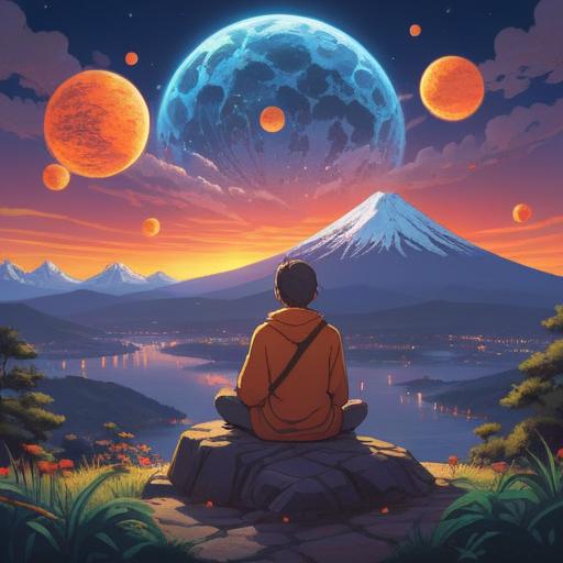 A tranquil scene featuring Mount Fuji in the background, a person meditating in the foreground, surrounded by glowing orbs symbolizing spiritual signs, soft mist enveloping the landscape, serene atmosphere, vibrant sunrise illuminating the mountain, gentle ripples on a nearby lake, a sense of peace and enlightenment, 4k