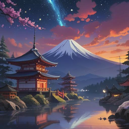 A serene illustration featuring Mount Fuji under a starlit sky, a glowing lucky charm resting in the foreground, ethereal and dreamlike atmosphere, soft pastel colors, reflecting the tranquility of a dream, gentle clouds floating above, detailed textures of the landscape, magical feeling, 4k