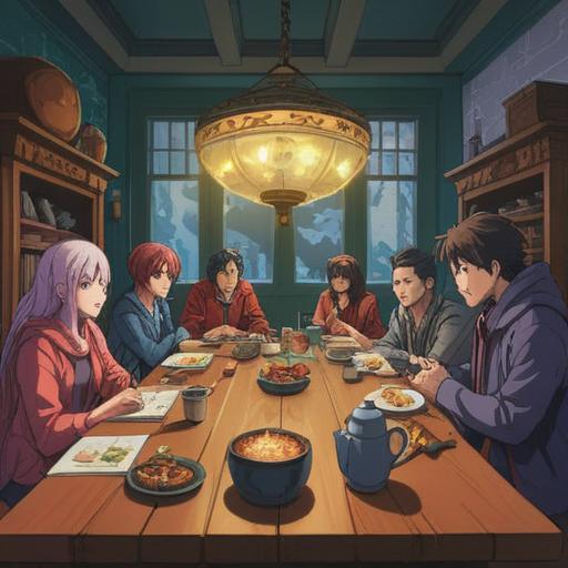 A detailed illustration of a group of diverse people gathered around a large table, exchanging ideas and discussing projects, vibrant colors, dynamic poses, various materials and documents scattered across the table, a sense of collaboration and unity, bright lighting, inspirational atmosphere, 4k