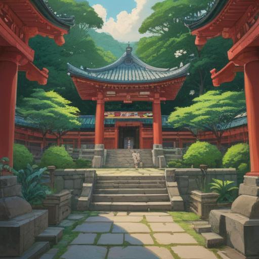 A serene and mystical illustration of the Tomioka Hachiman Shrine, capturing the essence of spirituality, lush greenery surrounding the shrine, sunlight filtering through ancient trees, a peaceful atmosphere, visitors praying and reflecting, traditional architecture highlighting cultural significance, sense of tranquility and connection to nature, 4k