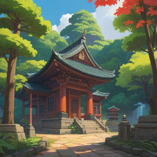 A serene illustration of Tomioka Hachiman Shrine, spiritual ambiance, peaceful setting, lush greenery surrounding the shrine, soft rays of sunlight filtering through trees, visitors finding inspiration, sacred items and symbols, a sense of calm and protection, ethereal atmosphere, vibrant colors, 4k