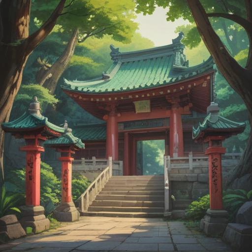 A serene illustration of Tomioka Hachiman Shrine, peaceful atmosphere, lush greenery, traditional Shinto architecture, spiritual symbols subtly hidden throughout, visitors observing the surroundings with curiosity, a gentle breeze moving through the trees, sunlight filtering down, peaceful energy radiating, inviting sense of tranquility, 4k