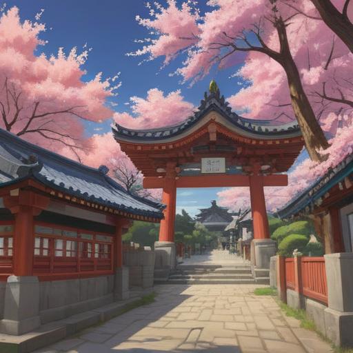 A serene illustration of the Tomioka Hachiman Shrine, vibrant cherry blossoms in full bloom, a peaceful atmosphere, visitors holding lucky talismans, traditional Japanese architecture, intricate details of the shrine, sunlight filtering through the trees, soft clouds, calm reflection in a nearby pond, uplifting and positive energy, 4k