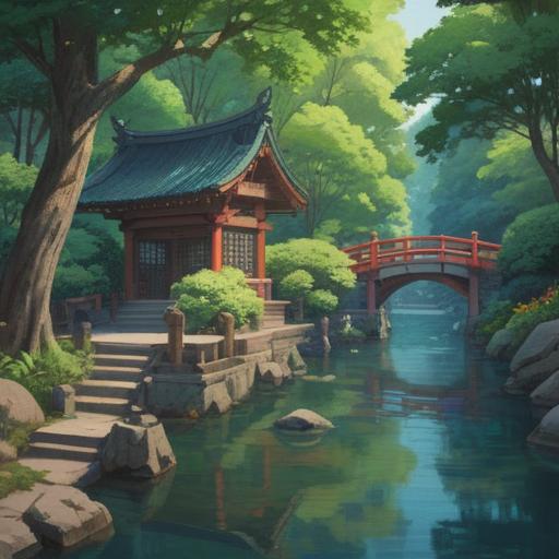 A serene scene depicting Tomioka Hachiman Shrine, tranquil atmosphere, peaceful garden pathways, lush green trees, calming water features, visitors meditating, traditional torii gate, warm sunlight filtering through leaves, spiritual harmony, harmonious setting, 4k