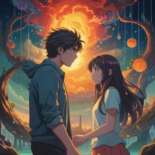 A symbolic representation of a couple in conflict, contrasting emotions, vibrant energy, spiritual growth through struggles, ethereal aura surrounding them, visual metaphors of discord and unity, colorful abstract elements, harmonious but chaotic elements intertwining, 4k