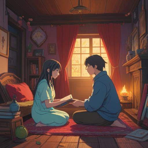 A tense domestic scene between a couple, visible emotional expressions, subtle signs of frustration, spiritual symbols in the background, a serene atmosphere contrasting the conflict, candles flickering, shadows implying tension, warm yet strained lighting, 4k