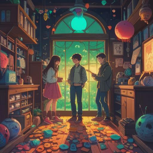 A lively and colorful illustration depicting a couple in a playful argument, surrounded by various lucky charms and items, vibrant colors reflecting their emotions, intricate details on the lucky items like four-leaf clovers, lucky cats, and horseshoes, a cozy living room setting with warm lighting, expressive facial expressions capturing both frustration and affection, dynamic composition, whimsical atmosphere, 4k