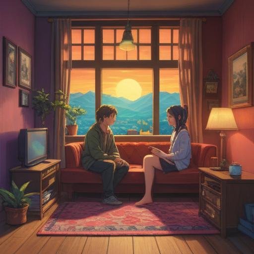 A serene scene of a couple sitting together in a cozy living room, engaged in deep conversation, warm light filtering through the window, thoughtful expressions on their faces, personal items around them symbolizing shared memories, a sense of connection and understanding, soft color palette, inviting atmosphere, emotional bond, 4k