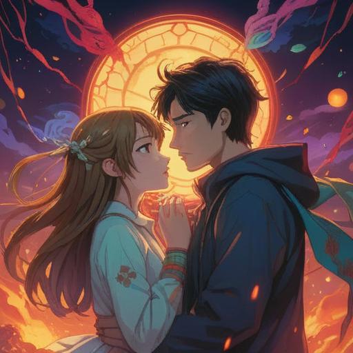 A symbolic representation of a couple engaged in a conflict, contrasting emotions on their faces, ethereal lights surrounding them, depicting the spiritual meaning of their struggles, abstract elements illustrating unresolved issues, interconnected energy patterns, serene background hinting at the need for healing, 4k