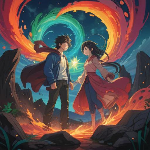 A mystical scene illustrating the spiritual significance of conflict, two characters engaged in a heated yet respectful debate, vibrant energy swirling around them, ethereal light illuminating their expressions, symbolic elements representing growth and understanding intertwined in the background, harmonious balance between opposing forces, reflective atmosphere, 4k