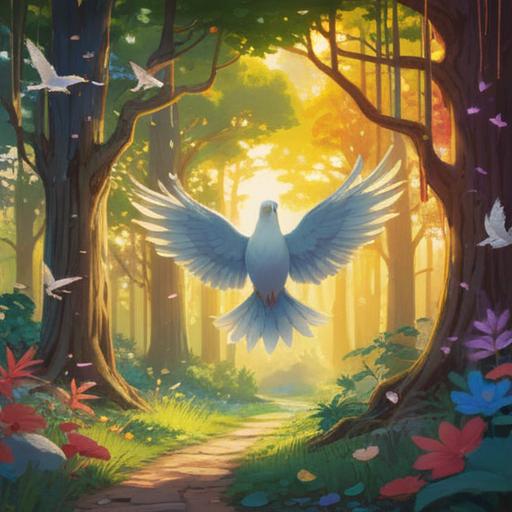 A lucky charm symbolizing reconciliation, vibrant colors, a glowing amulet surrounded by peaceful doves, sunlight filtering through trees, serene setting, hopeful atmosphere, intricate details, representing unity and friendship, 4k